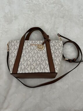 Michael Kors White MK Logo Shoulder Bag with Brown Trim